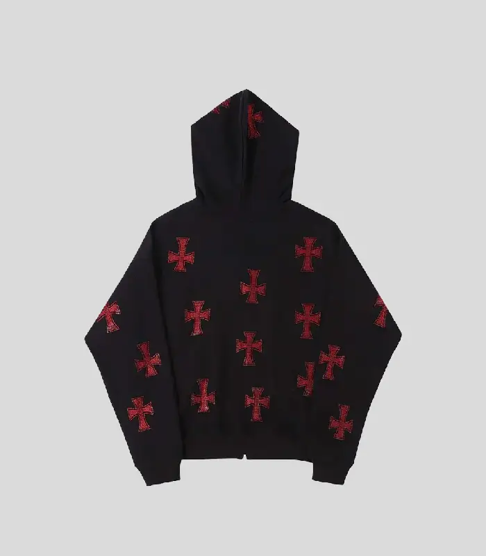 Unknown _ Black x Red Rhinestone Cross Zip Hoodie (1)