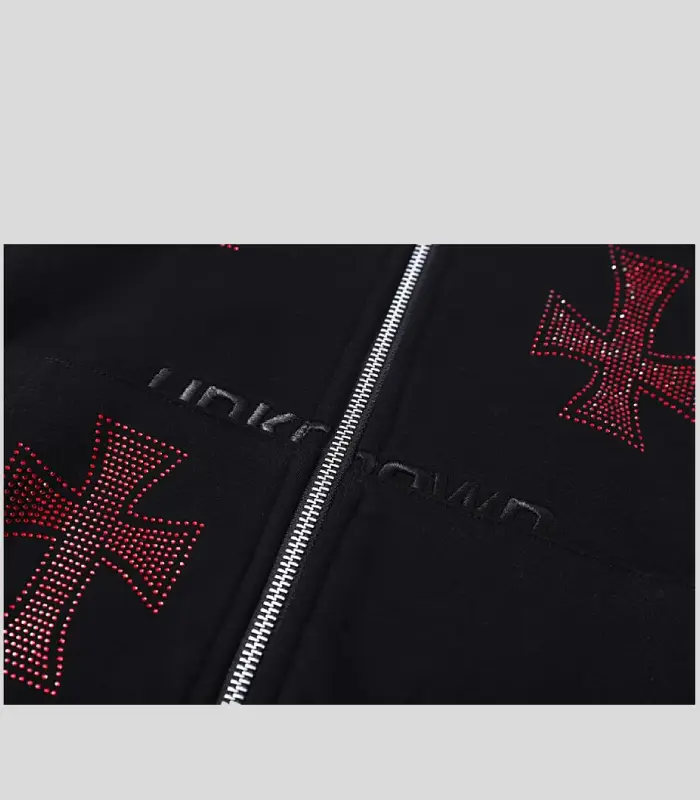 Unknown _ Black x Red Rhinestone Cross Zip Hoodie (2)