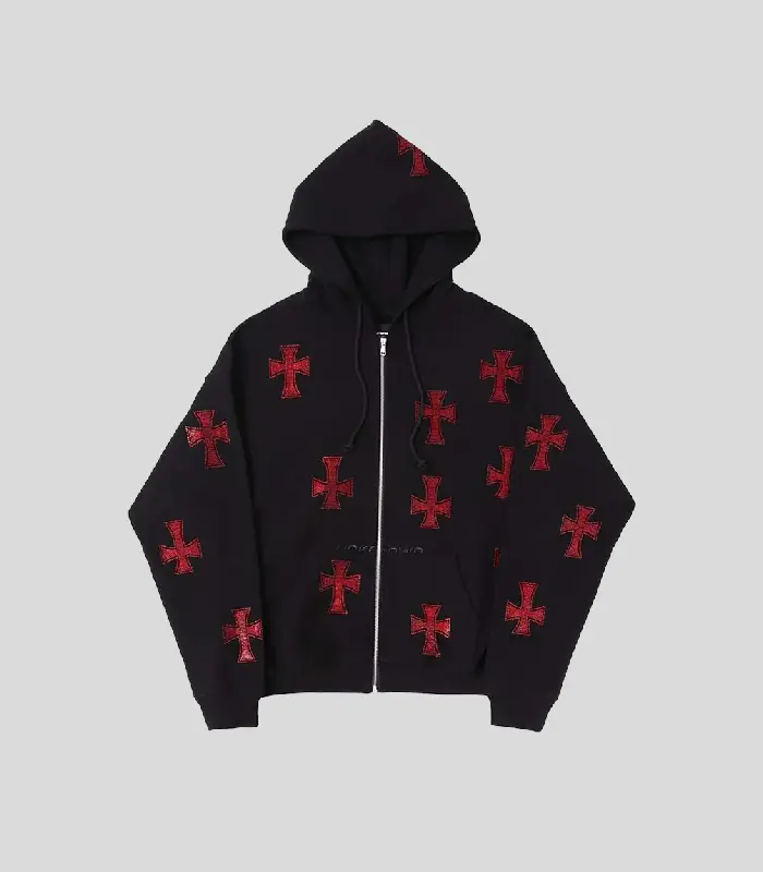 Unknown _ Black x Red Rhinestone Cross Zip Hoodie