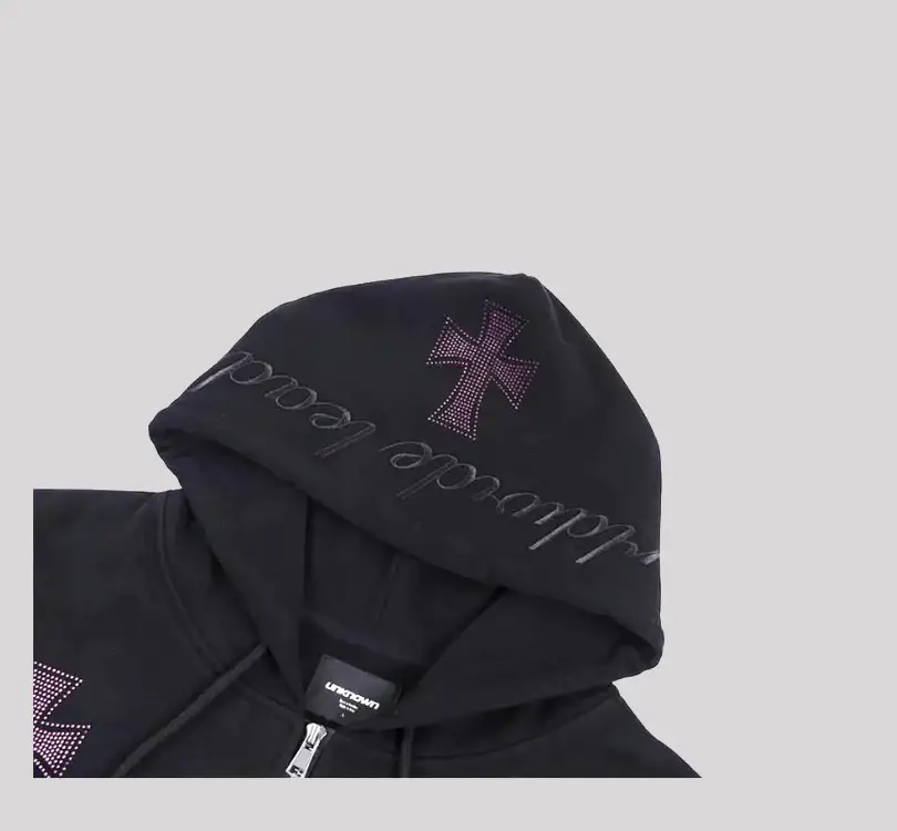 Zip Hoodie Black Purple Crosses Rhinestone (1)
